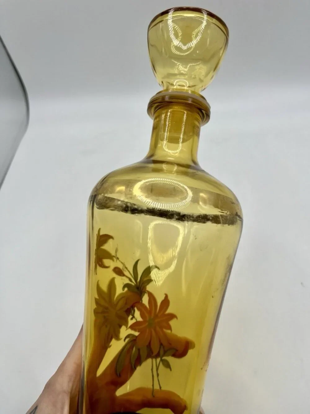 Vintage Mid Century Amber Glass Decanter Floral Bottle Barware MCM Retro Boho